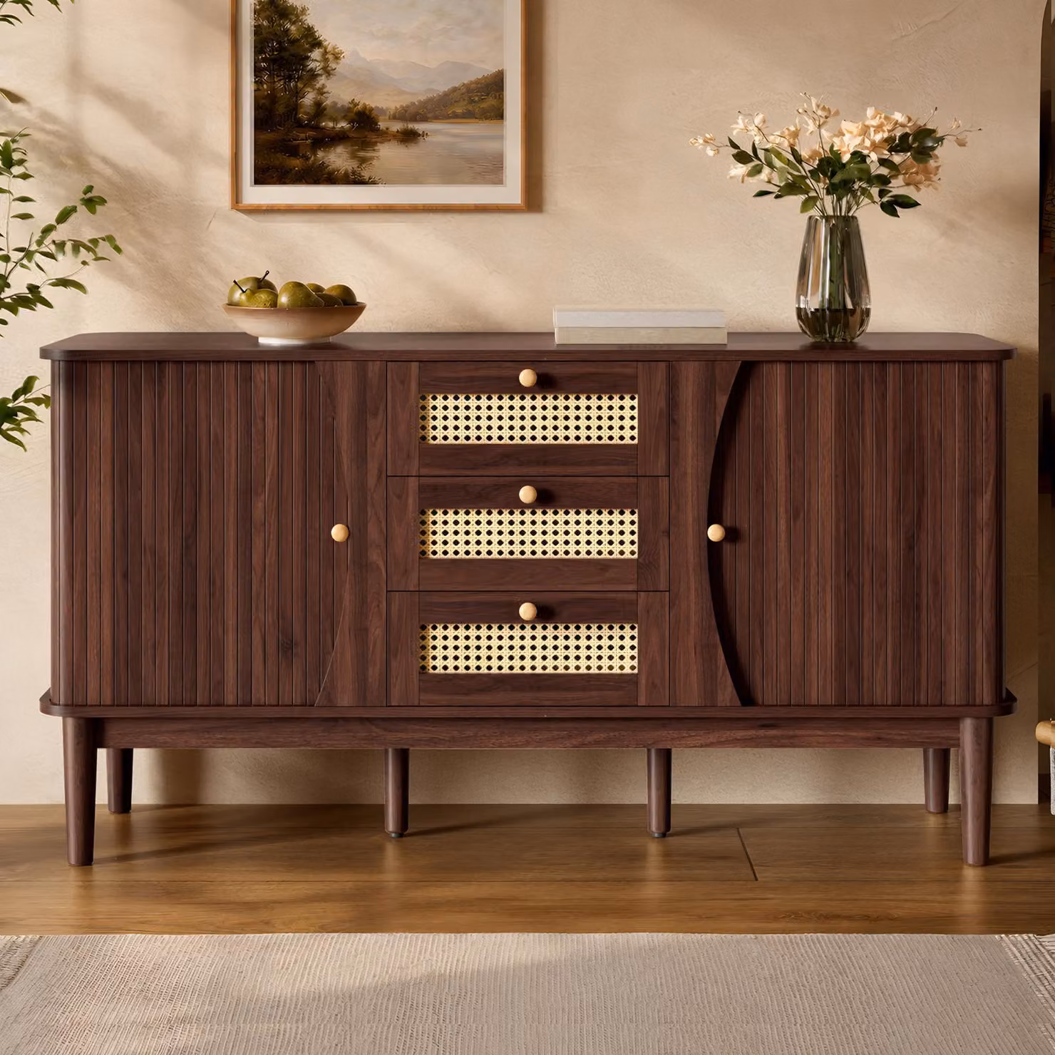 Credenza Merax 140 cm, mobile in rattan con 3 cassetti e 2 ante scorrevoli, rustico, aspetto legno, spazio di archiviazione soggiorno corridoio, noce