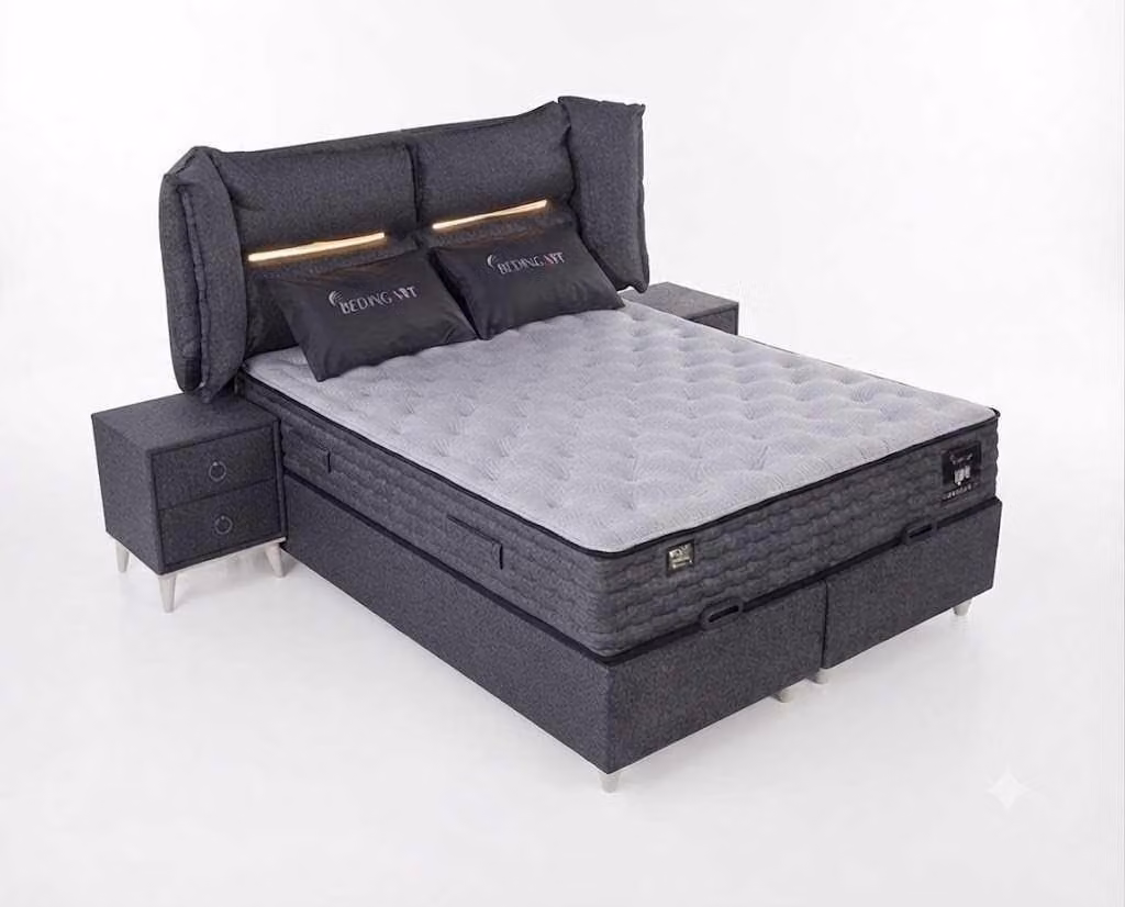 Letto grigio imbottito 180x200, comodini, rivestimento in tessuto, legno, design moderno