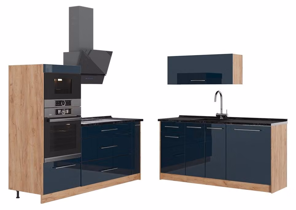Cucina Vicco Fame-Line Blu scuro lucido/Rovere dorato 340 cm, PL Antracite, Model 65719