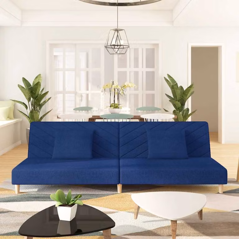 vidaXL Divano Letto Click-Clack a 2 Posti in Tessuto Blu con Cuscini e Struttura in Legno Solido