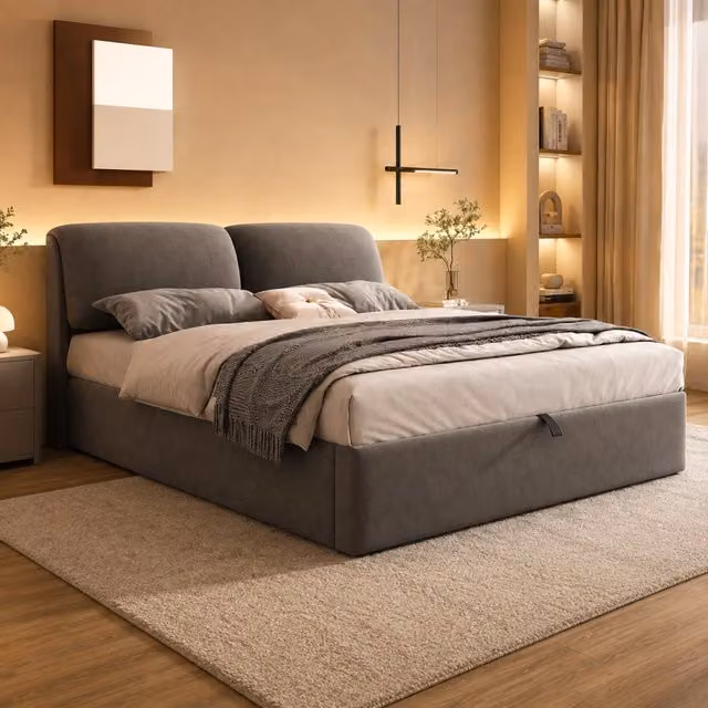 Letto contenitore 160x200 cm; letto matrimoniale con contenitore idraulico; 3 cassetti; rete a doghe e testiera; velluto; grigio