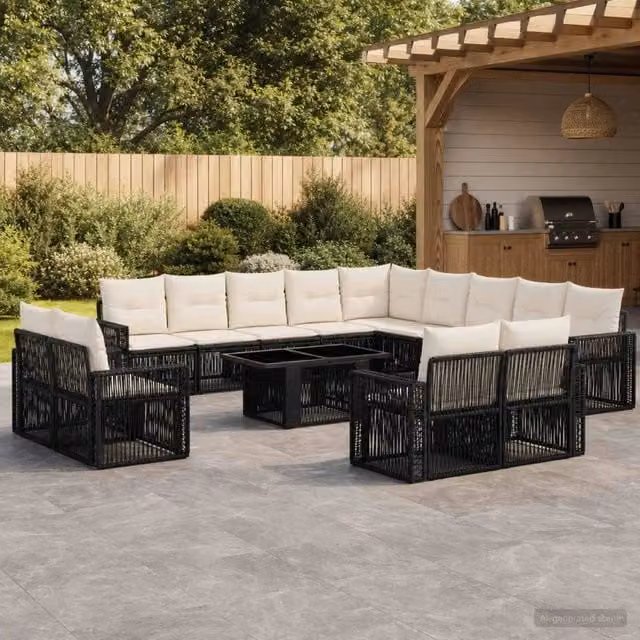 Set Divano da Giardino vidaXL a forma a U con Tavolino, 14 Pezzi, Nero e Bianco Crema, in Polyrattan e Acciaio Verniciato a Polvere – 1
