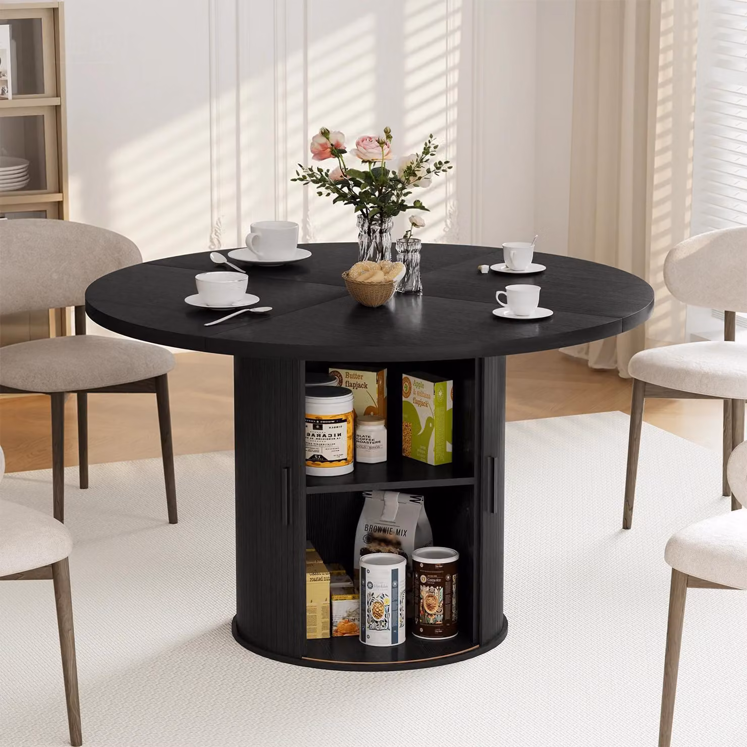 Tavolo da pranzo rotondo - Tavolo da cucina e da pranzo - Diametro 120 cm - Ripiano a due livelli - Anta scorrevole in legno - Per 6 persone - Nero
