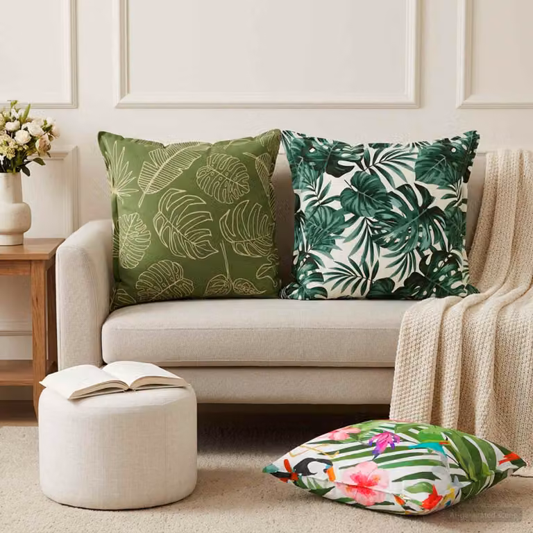 Set di 2 federe vidaXL HOUTEN con motivo floreale a foglie, colore verde, L/P: 60 x 60 cm, in poliestere