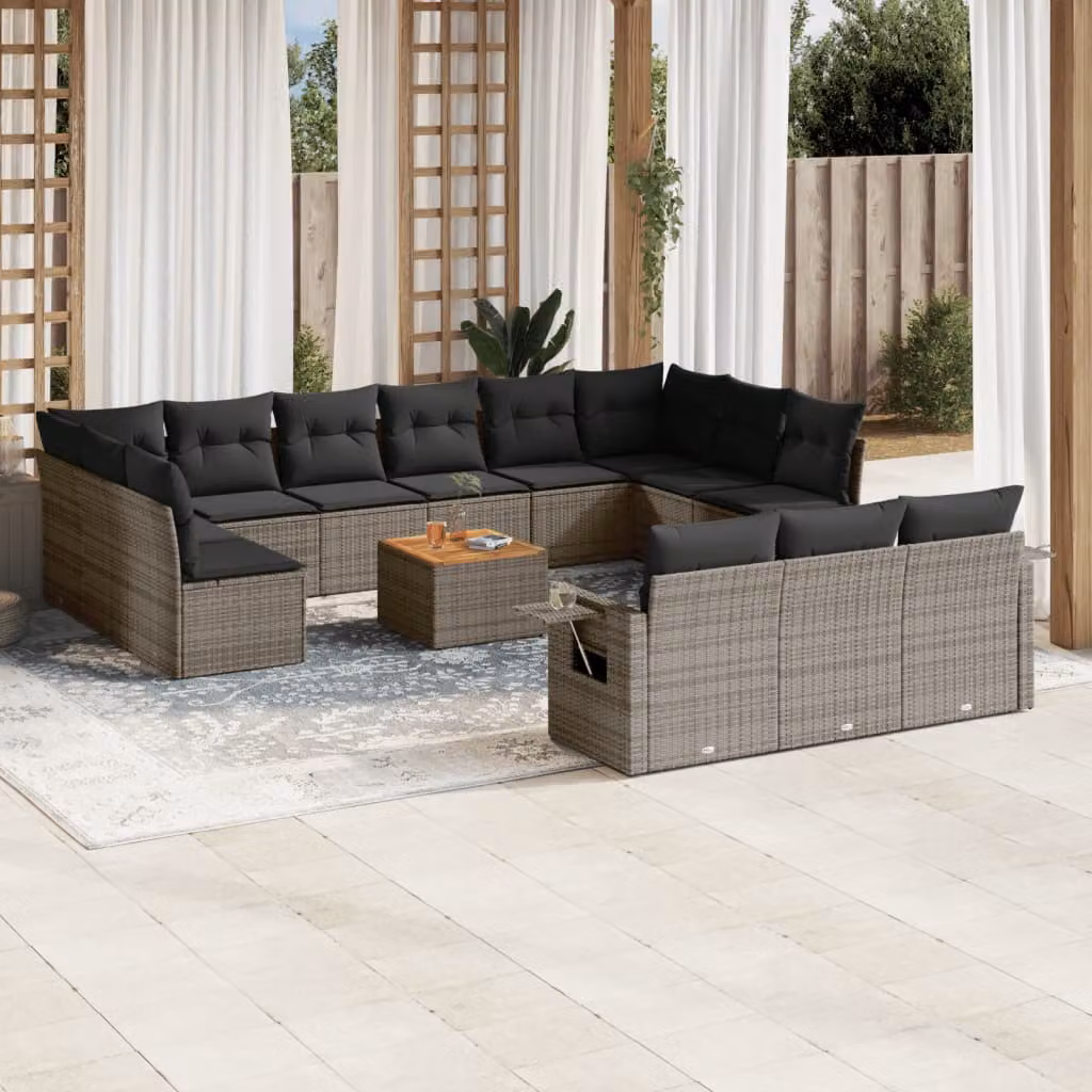 vidaXL Set Divani da Giardino 14pz in Polyrattan Grigio con Cuscini e Tavolino da Esterno – 1