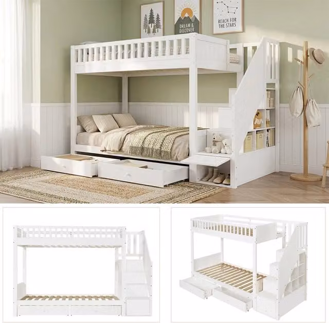 Letto a castello per bambini 90x200 cm in legno bianco con scala contenitore; 2 cassetti e protezione anticaduta