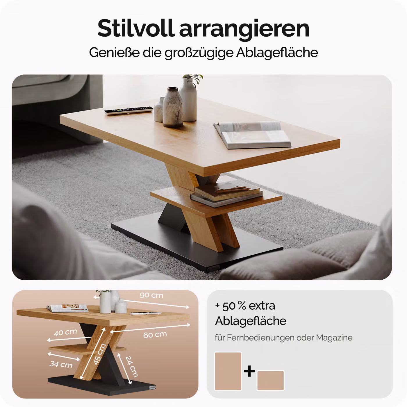 Tavolino Detroit CASARIA moderno in legno e MDF laminato, marrone e grigio, L: 90 cm, P: 60 cm, H: 45 cm – 2