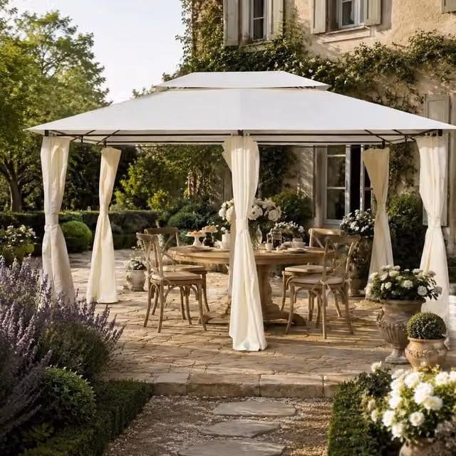 Garden Pavilion With Curtains, 4x3 M, White