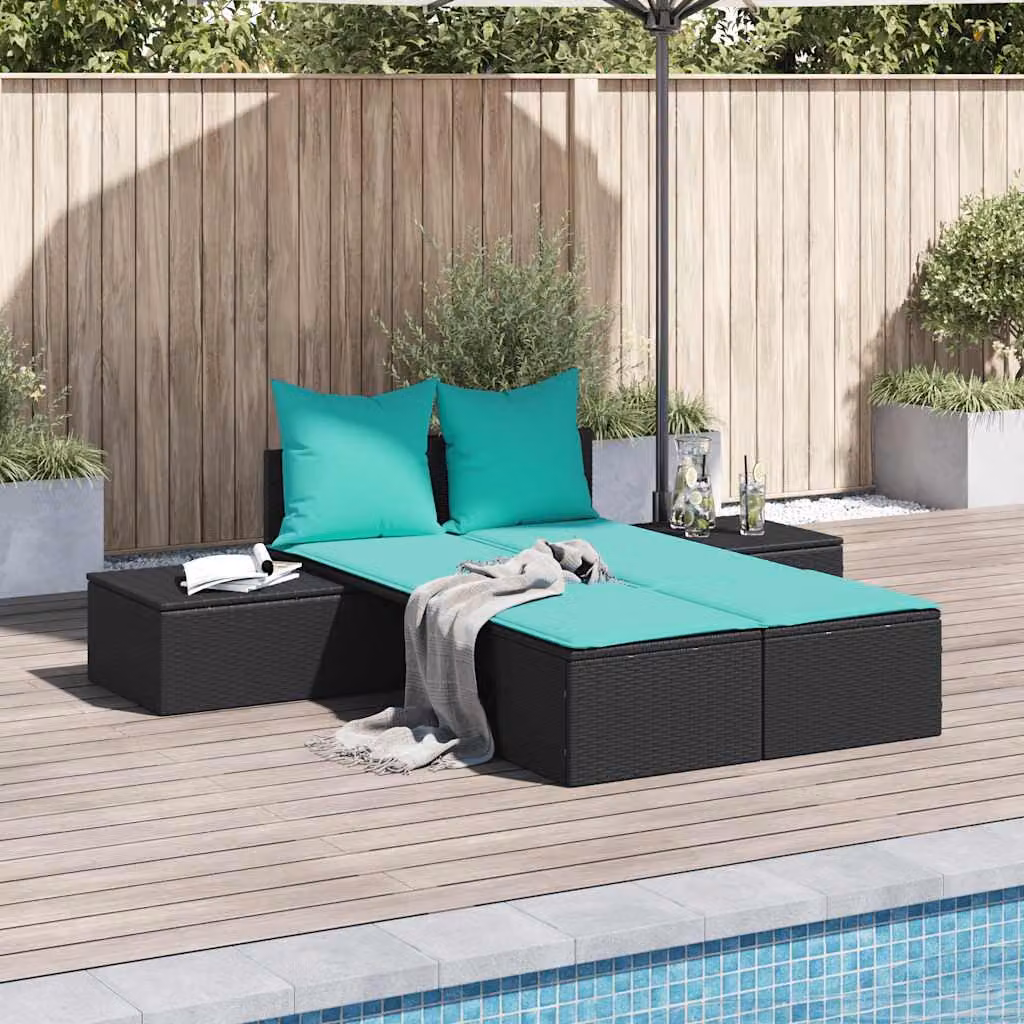 vidaXL Lettino prendisole doppio in polyrattan nero con cuscini turchesi e struttura in acciaio verniciato a polvere