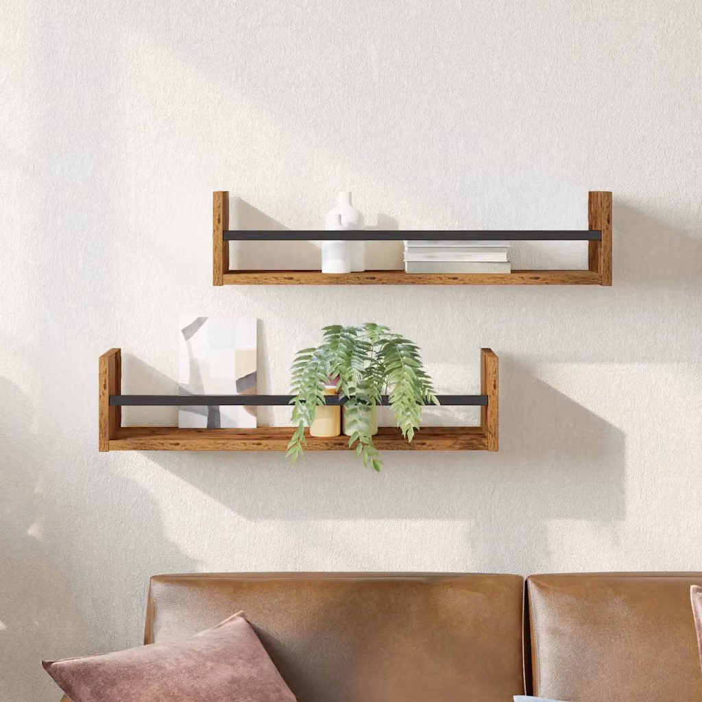 Set di 2 scaffali da parete vidaXL in legno vecchio e metallo, colore marrone, L: 60 cm, P: 16 cm, H: 14 cm