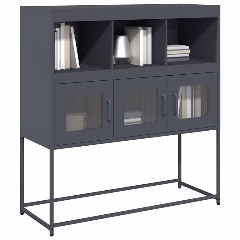 Credenza moderna vidaXL in metallo antracite con ante in vetro e ripiani interni L: 100,5 cm, P: 39 cm, H: 107 cm