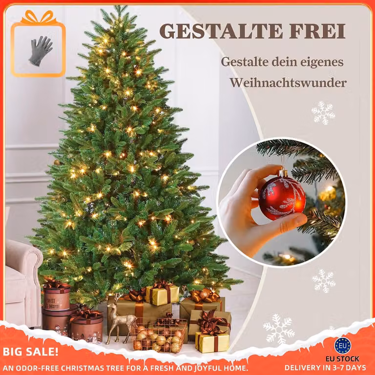 Albero di Natale artificiale bianco - Albero di Natale artificiale - Albero di Natale finto - Albero di Natale con luci LED - Albero con effetto neve - Altezza: 210 cm