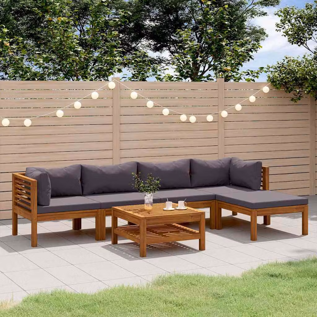 Set di divani da giardino vidaXL in legno massello di acacia con cuscini grigi, 6 pezzi, design moderno a L con tavolino e pouf