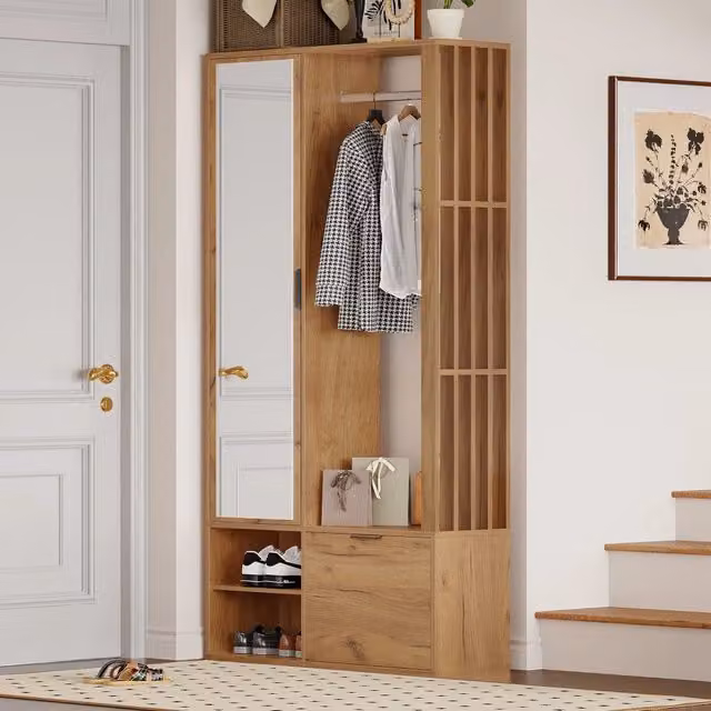 Mobile Ingresso con Specchio Guardaroba in Legno Naturale 100 cm