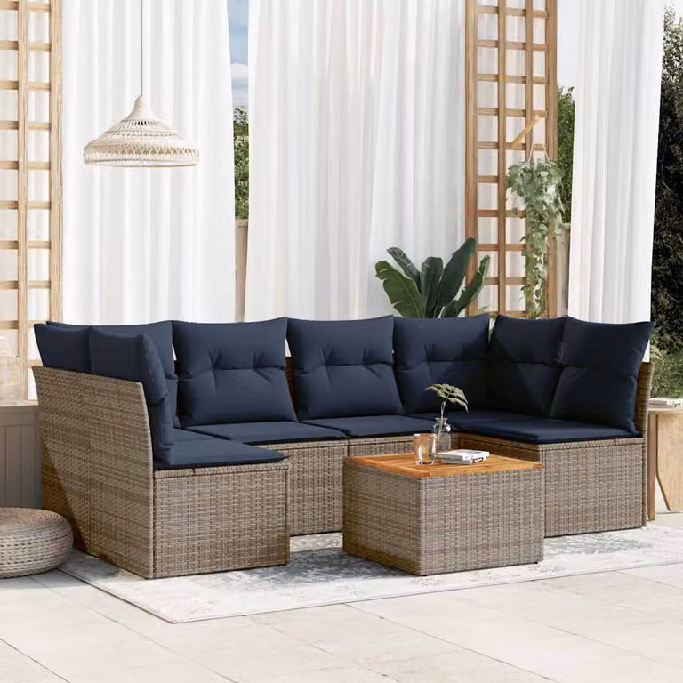 vidaXL Set Divani da Giardino 7 pz a Forma a L in Polyrattan con Cuscini Grigio e Blu e Tavolino da Esterno