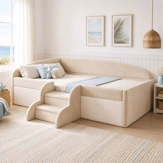Letto per bambini imbottito 90 × 190 cm con gradini e sponde in velluto beige con rete a doghe