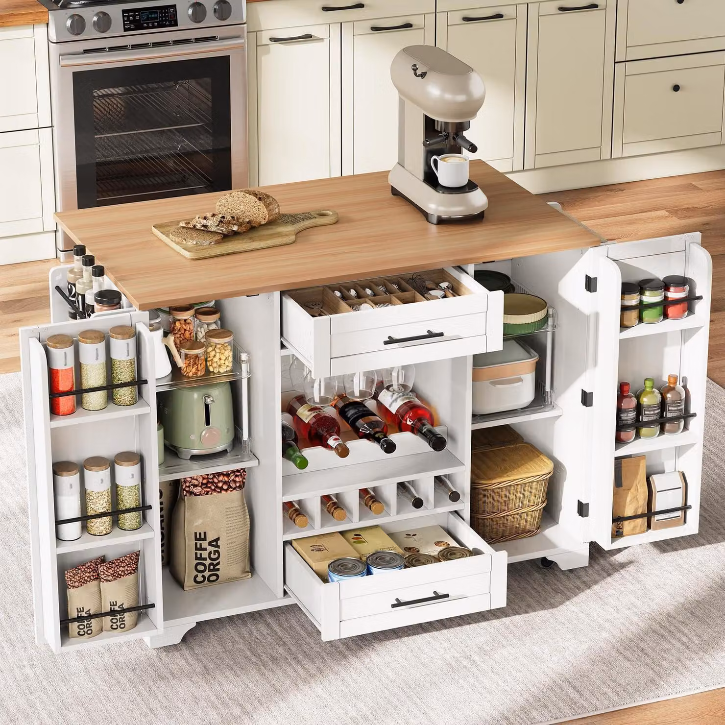 Carrello da cucina con piano di lavoro pieghevole, ruote, portabottiglie, portabicchieri, ripiano per spezie, porta asciugamani, dimensioni 120x45x92 cm, colore bianco