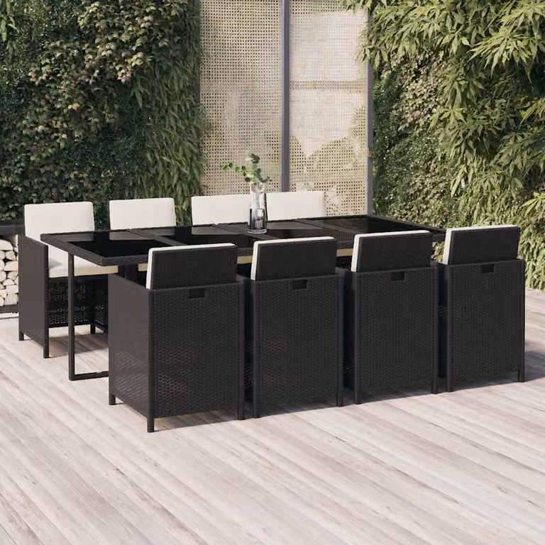 Set da Pranzo da Giardino vidaXL in Polyrattan Nero con Cuscini e Tavolo in Vetro, 9 Pezzi