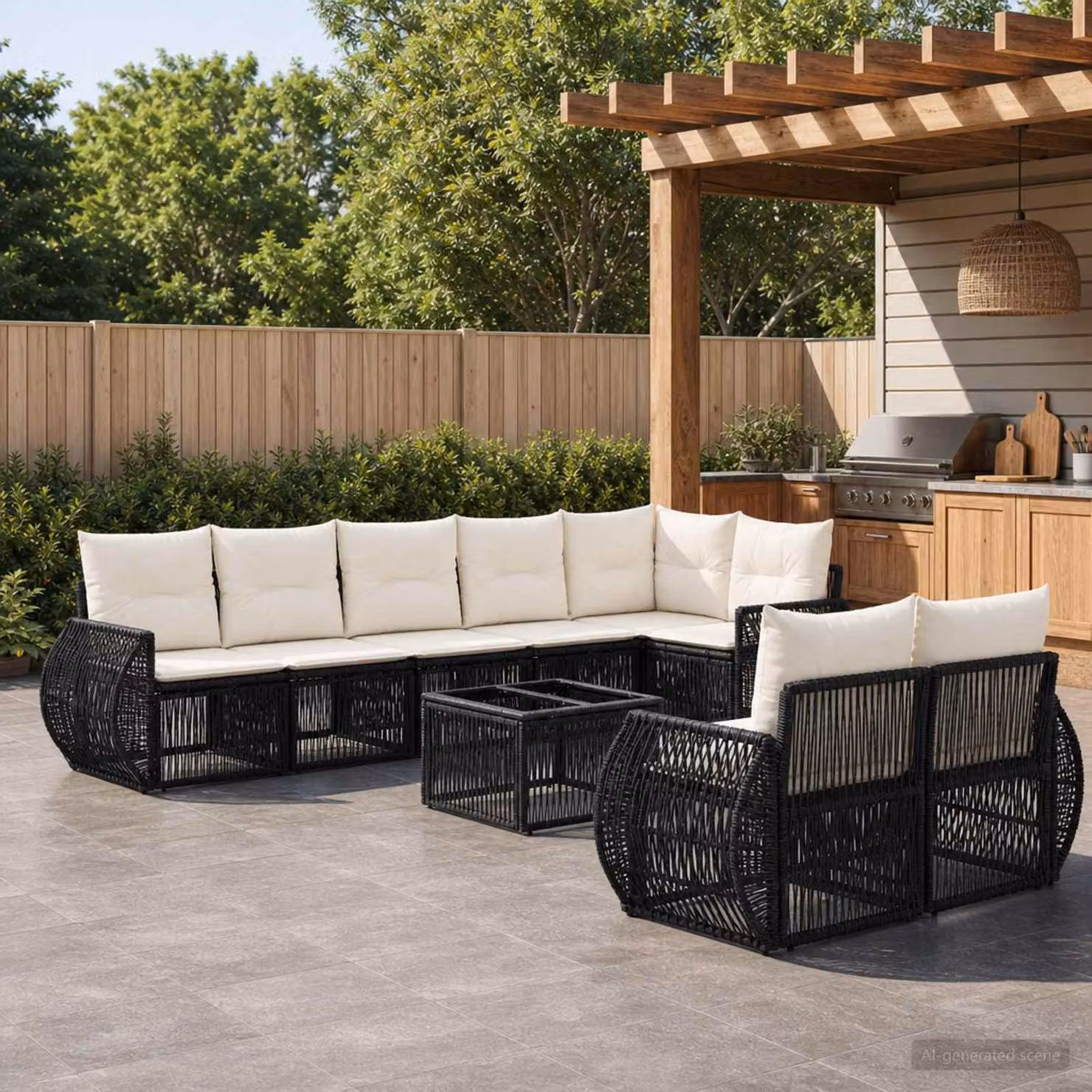 Set Divano da Giardino vidaXL 9 Pezzi a Forma di U in Polyrattan con Tavolino e Cuscini, Colore Nero e Bianco Crema
