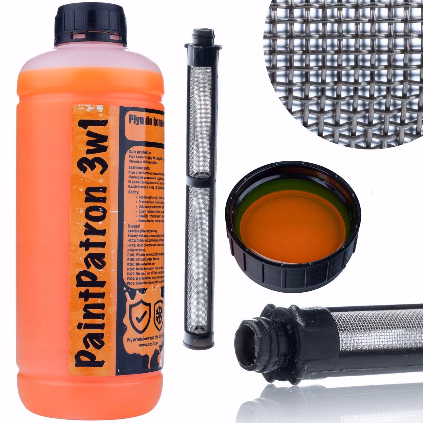 Rosfix PaintPatron 3w1 – Set per la Manutenzione delle Unità di Verniciatura a Spruzzo | 1L di Detergente e Protettivo, Filtro FTX/XTR da 60 Mesh