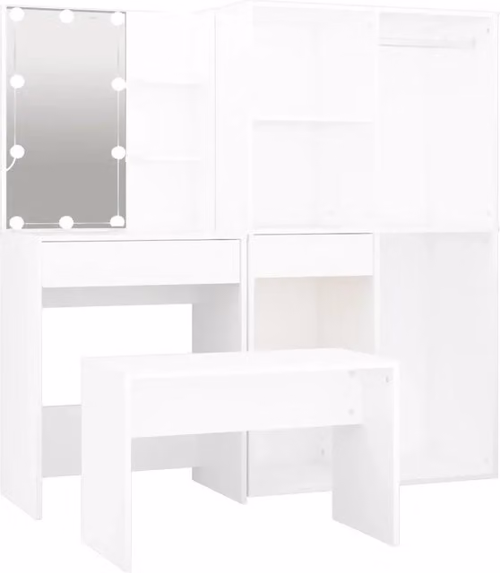 Set Tavolo da Toeletta | Tavolo da Trucco Bianco con LED in Legno Multistrato