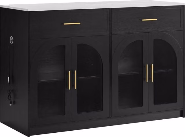 Credenza moderna Chicfurn con 2 cassetti, 2 ante in vetro, ripiani regolabili e illuminazione LED integrata, colore nero, L: 135 cm, P: 55 cm, H: 91 cm