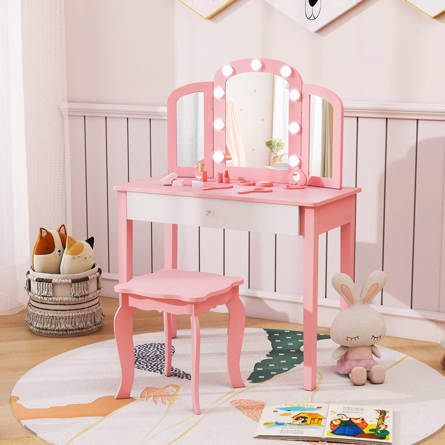 Set tavolo da trucco Costway per bambine con specchio a tre pieghe e luci LED, include sgabello in legno, colore rosa