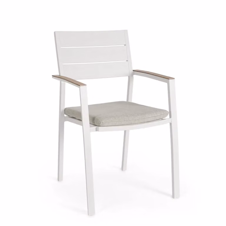 Set 4 sedie da giardino ZELMAR con cuscino beige, braccioli effetto legno e struttura in alluminio bianco