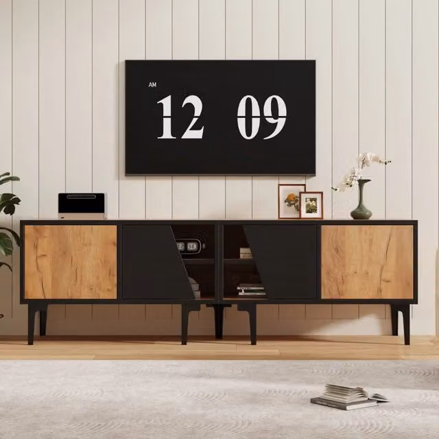 Mobile TV ULEVR 160x36,5x45 cm con 4 vani e 7 piedini, per TV fino a circa 65 pollici, naturale e nero