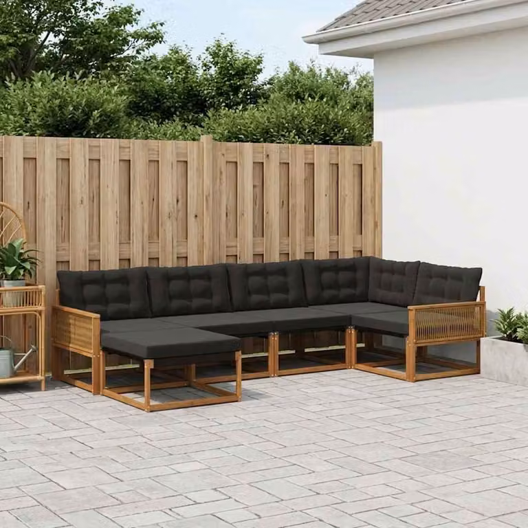 Set di divani da esterno vidaXL 6 pz a forma di L in legno di acacia con cuscini, colore marrone e nero
