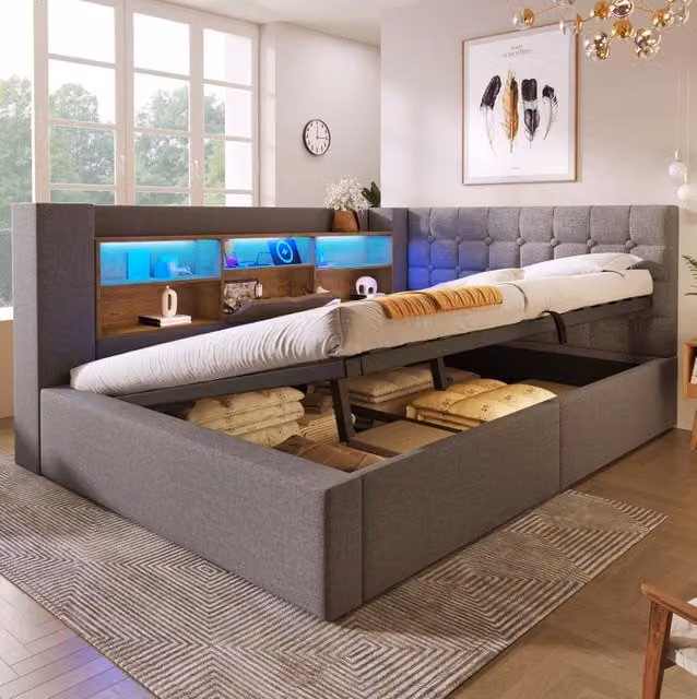 Letto 140x190 cm in lino, metallo e legno con LED, contenitore idraulico e testiera a L grigia