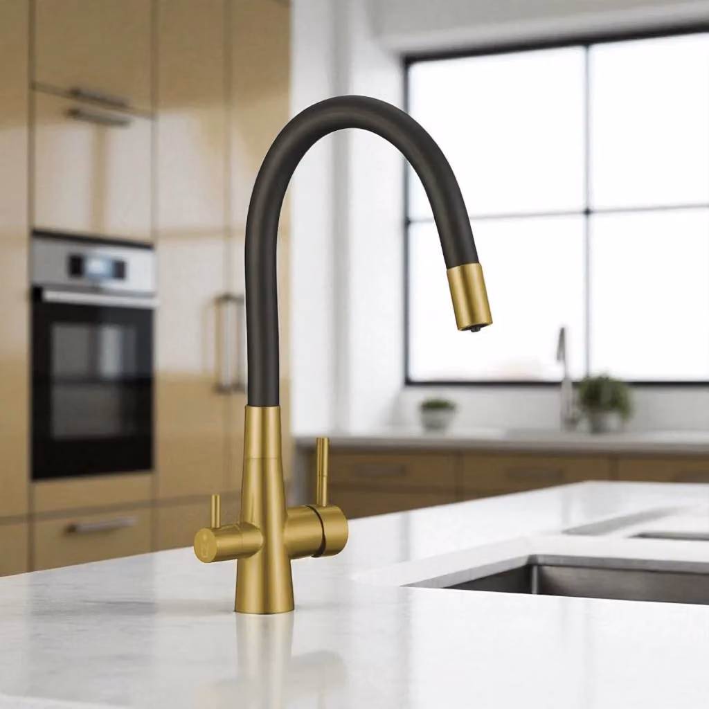 Rubinetto da cucina Bagnoclic con beccuccio flessibile a U, finitura oro spazzolato e nero, con attacco per filtro acqua – 2