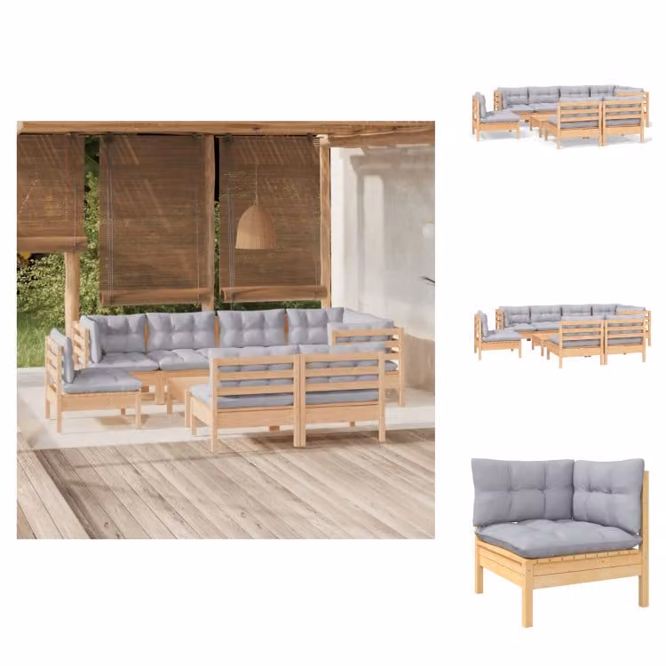 vidaXL Set 9 pezzi da giardino con cuscini grigi in pino massiccio - Set di mobili da giardino