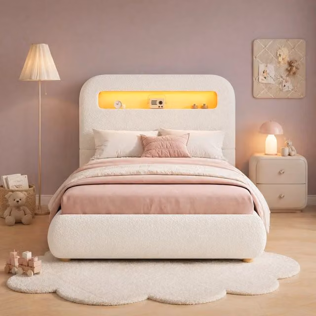 Letto singolo 90x200 cm bianco in bouclé con vano contenitore e LED, senza materasso