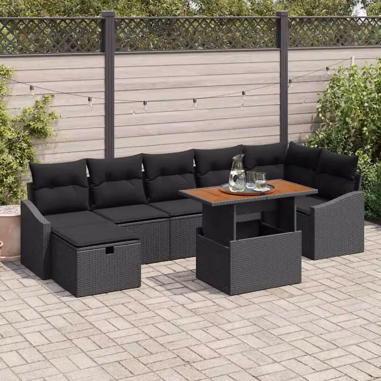 Set Divano da Giardino vidaXL 8 Pezzi Nero con Cuscini e Tavolino in Polyrattan e Acciaio