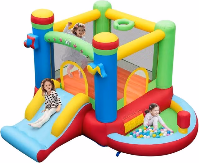 Castello Gonfiabile 5 in 1 Costway Multicolore con Scivolo, Trampolino, Piscina e Canestro in PVC per Bambini da 3 a 12 Anni – 1