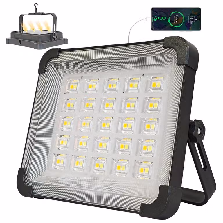 Lampada da lavoro solare - Proiettore LED portatile con supporto - 300 W - 5 modalità di illuminazione - IP65 - Dimmerabile - Ricaricabile - Confezione da 1 pezzo