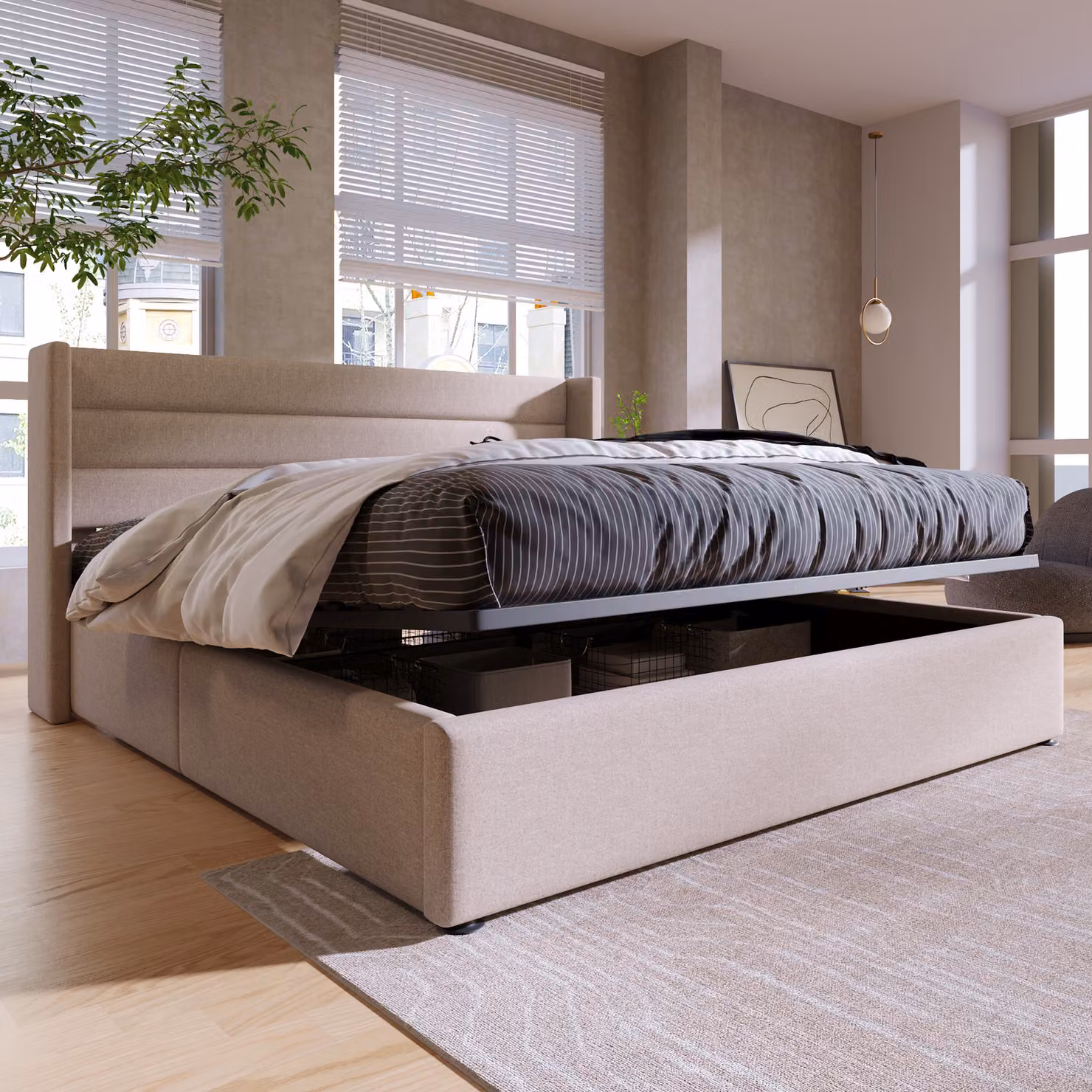 Letto Merax a molle idrauliche 180x200cm letto imbottito con rete, rete a doghe in legno e struttura in metallo, letto contenitore letto matrimoniale in lino, beige