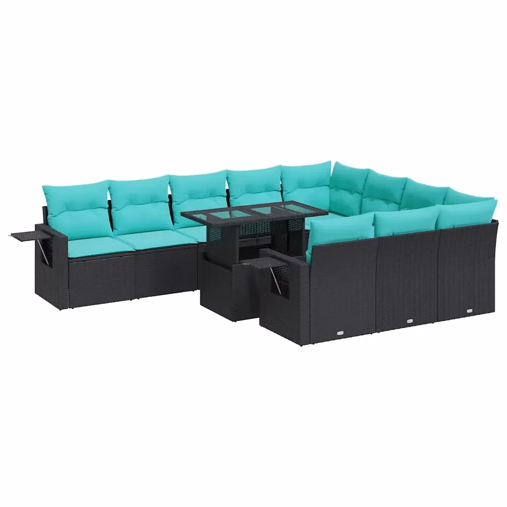 Set di Divani da Giardino vidaXL in Polyrattan con Cuscini e Tavolino da Esterno, 11 Pezzi, Colore Nero e Blu – 2