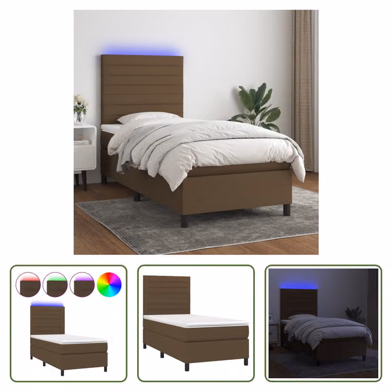 The Living Store Letto a molle con materasso e LED in tessuto marrone scuro 90x200 cm