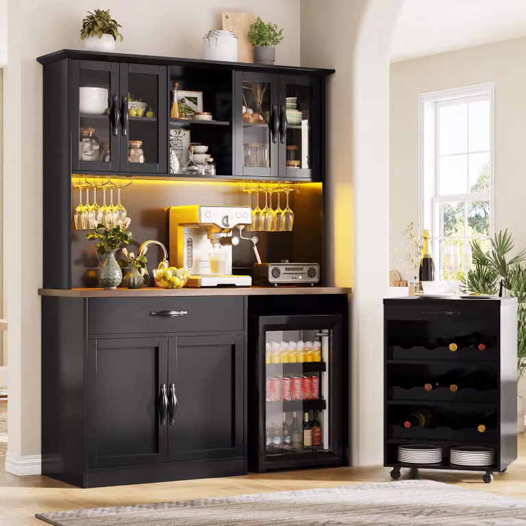 Mobile da cucina Flieks con carrello, mobile alto con illuminazione a LED, portabicchieri e portabottiglie, credenza 140x38x180 cm, nero