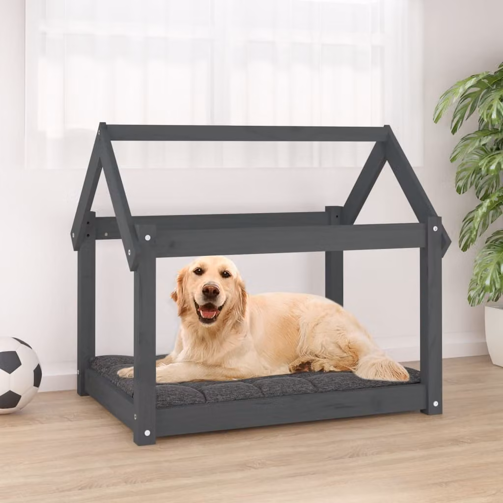 The Living Store Letto per cani grigio 81x60x70 cm in legno massiccio di pino