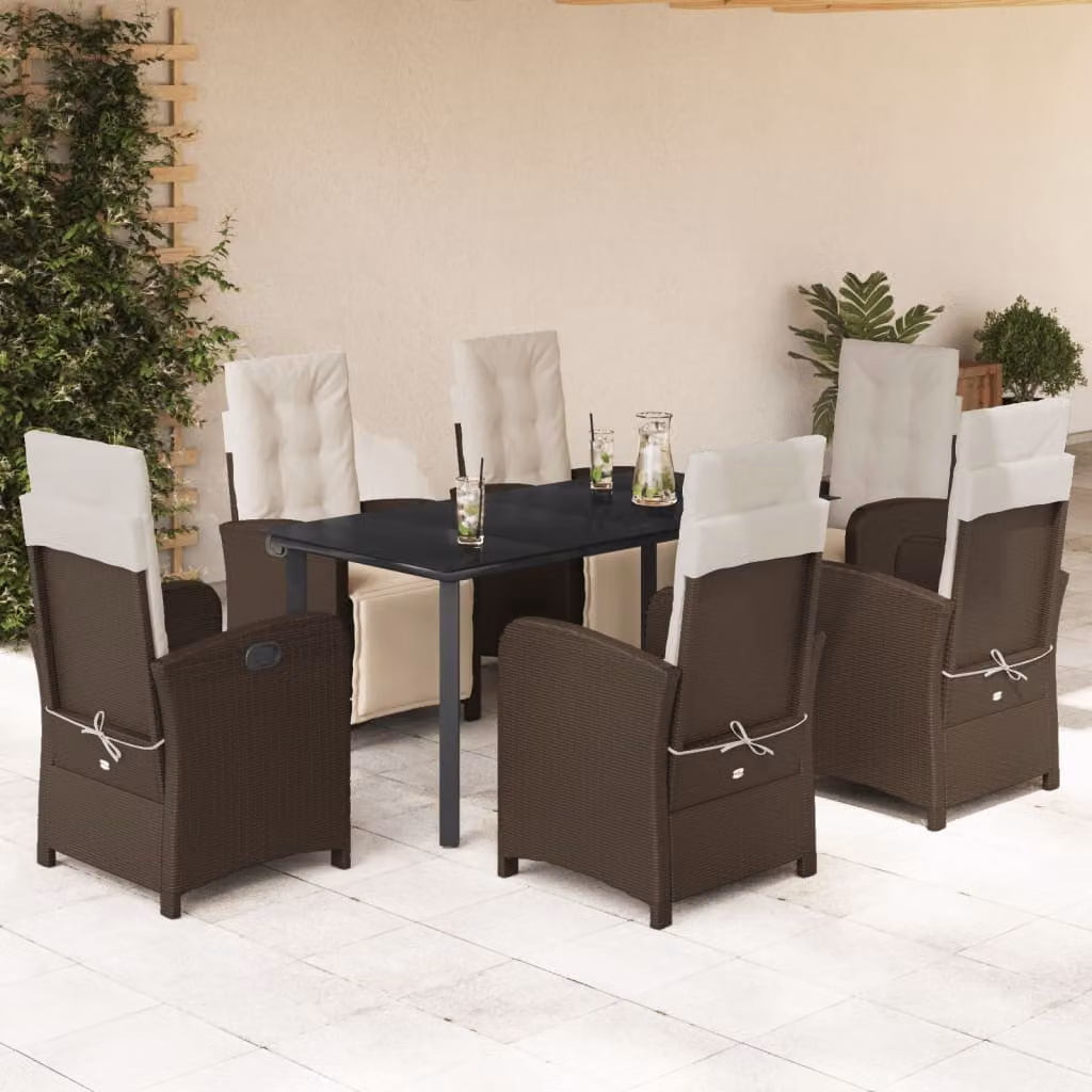 Set da Pranzo da Giardino 7pz vidaXL in Polyrattan Marrone con Piano in Vetro – 1