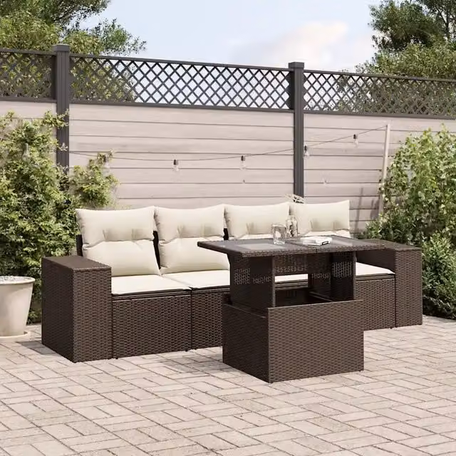 Set Divano da Giardino 5 pz con Cuscini Marrone in Polyrattan 3268993