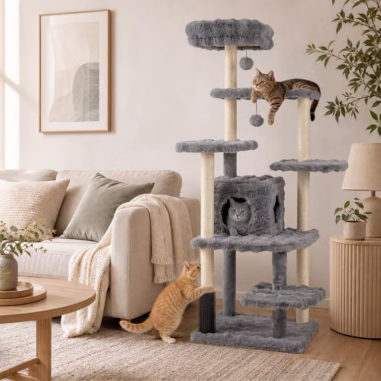 COSTWAY, tiragraffi per gatti, 170 cm, con cuccia, area relax, piattaforme, colonne rivestite in sisal, spazzola per gatti e 2 palline di peluche