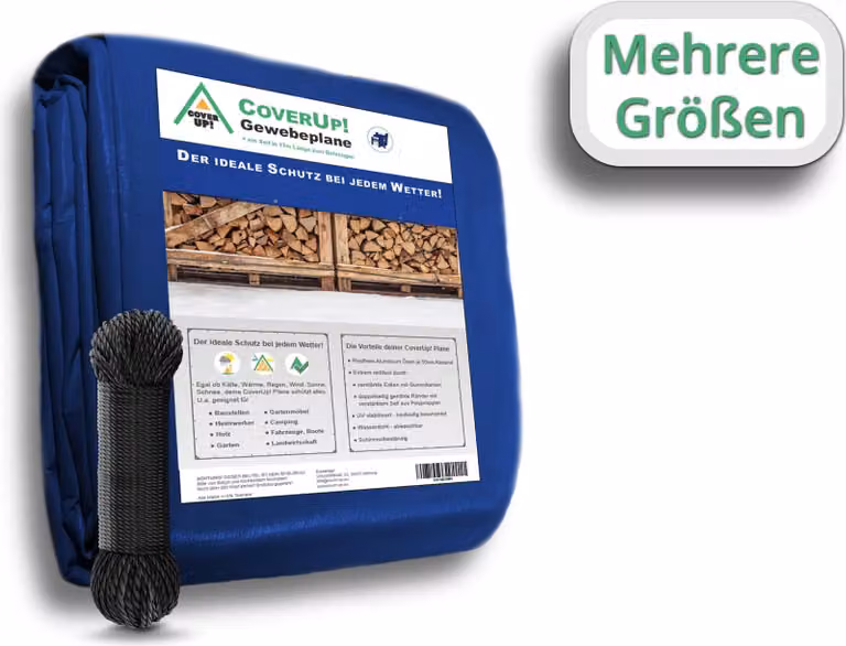 CoverUp! Telo di copertura impermeabile 1,5x6 m - Colore: blu, 120 g/m², telo in tessuto con occhielli, angoli rinforzati in gomma - Telo impermeabile con protezione UV per mobili da giardino, telo da cantiere, telo per tenda, incl. 14 m di corda, 1,5x6 m