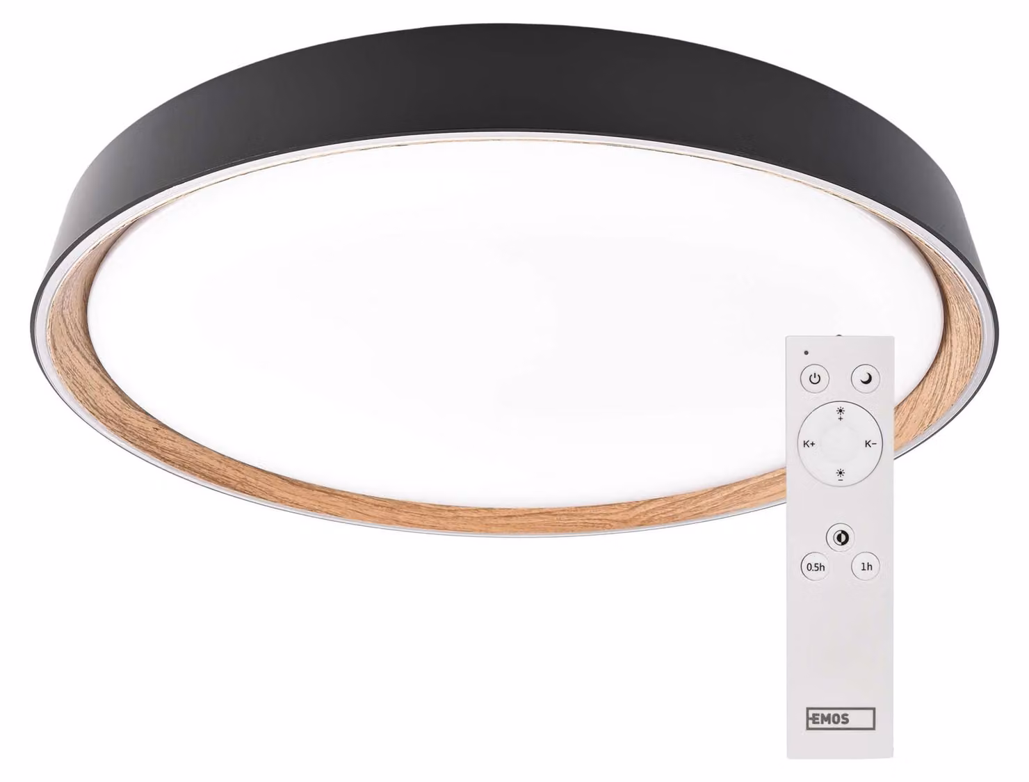 EMOS Lampada a soffitto LED, 30W, dimmerabile, con possibilità di scegliere la tonalità della luce, forma circolare, colore nero/legno, modello ZM5116