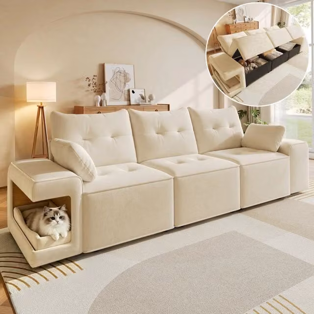 Divano modulare 3 posti con contenitore e nicchie per animali; velluto beige