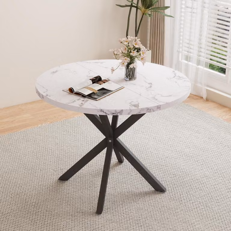Tavolo rotondo da pranzo, diametro 100 cm, piano in MDF con gambe in metallo, bianco e nero