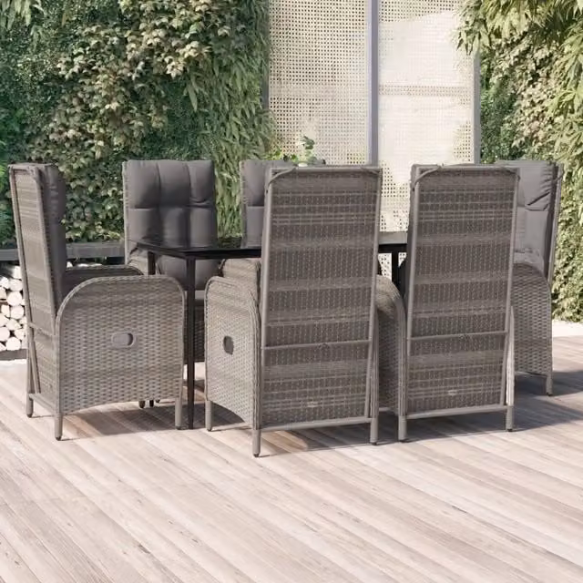 Set da pranzo da giardino moderno VIDAXL in polyrattan con tavolo in vetro e 7 pezzi, nero e grigio